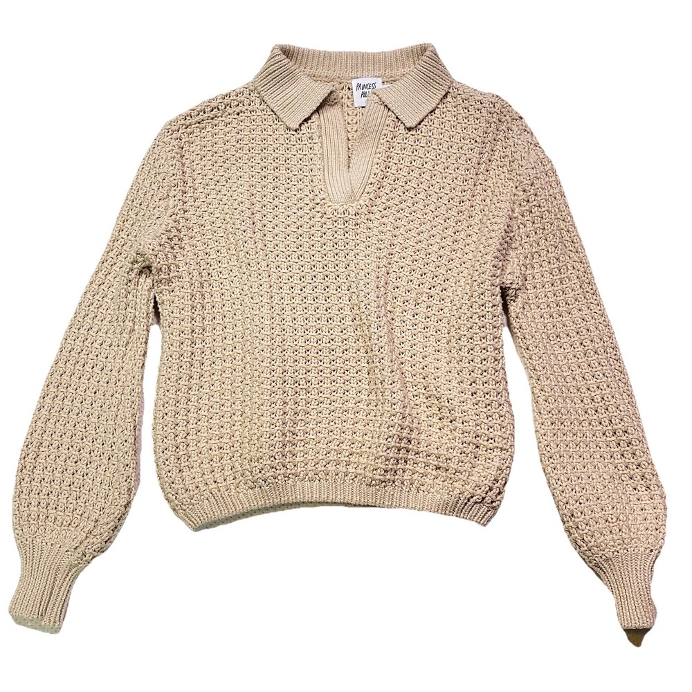 Princess Polly Tan Cotton Collared Knit Long Sleeve V Neck Sweater‎ XS/S